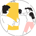 An animation of a woman boxing with a punch bag