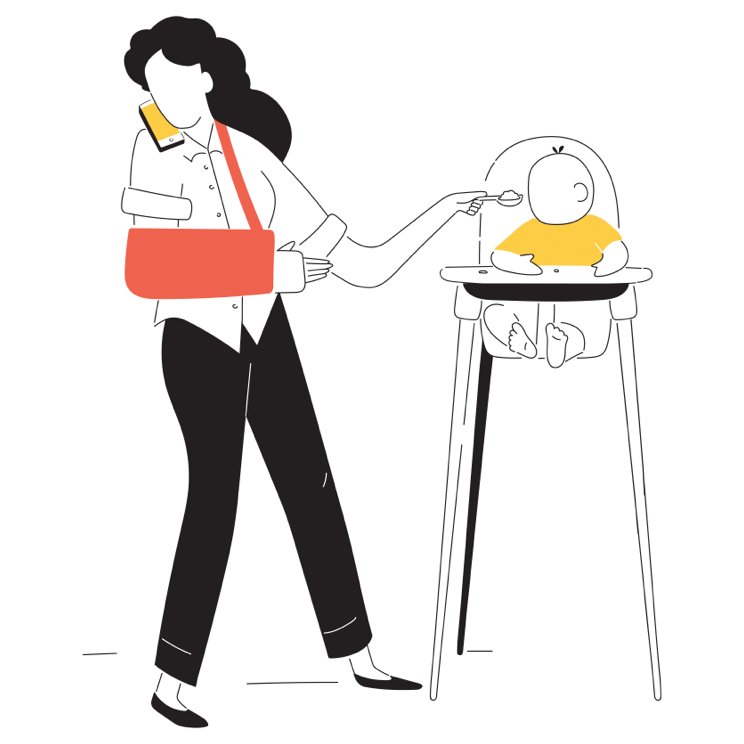 mother with broke arm feeding baby illustration